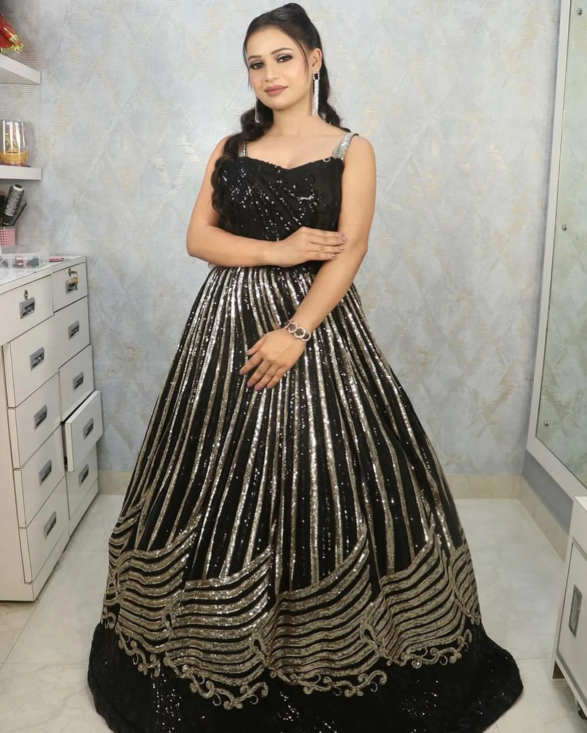 Black Net Sequins Cocktail Gown
