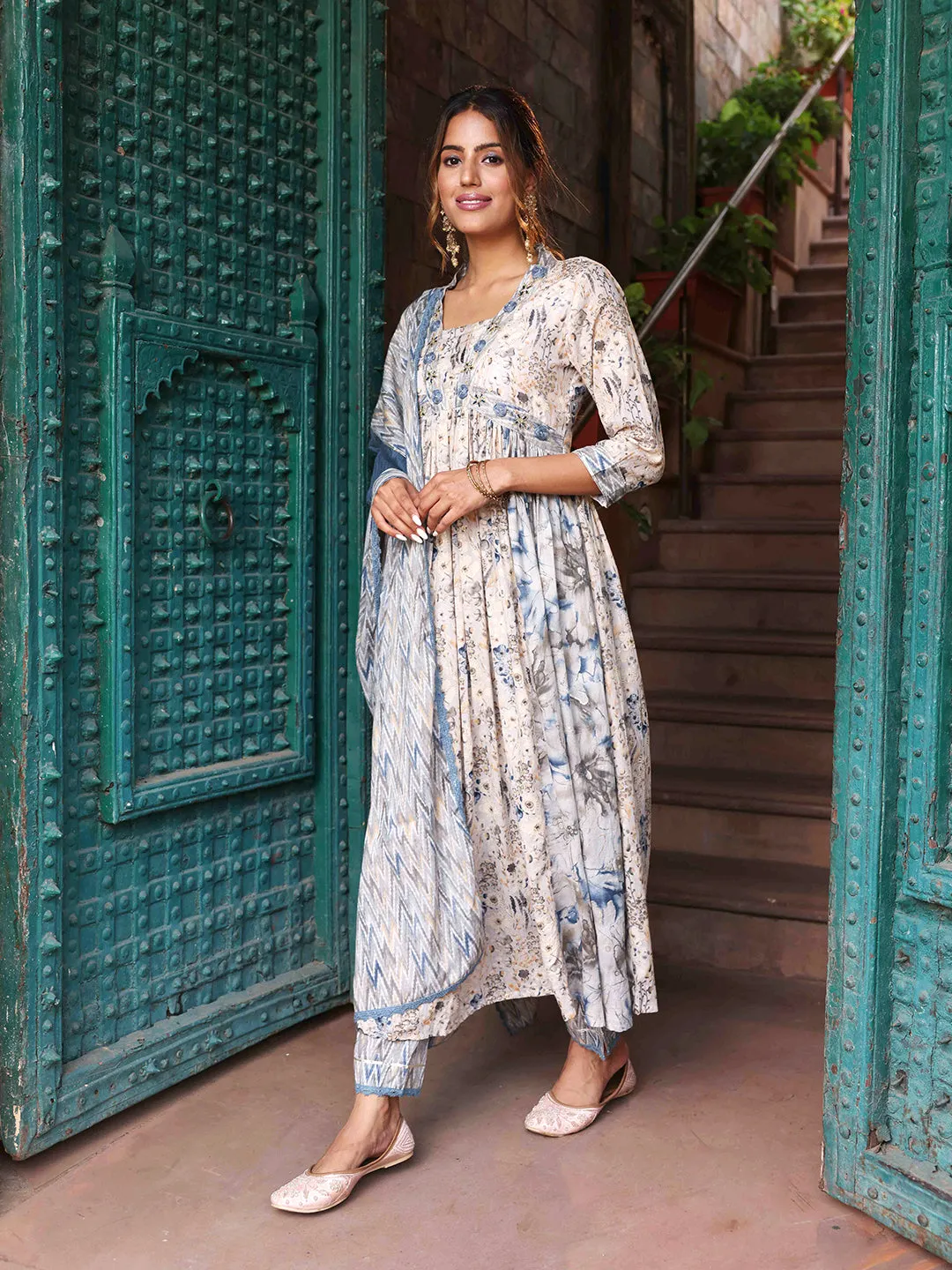 Floral Printed Resham & Cutdana Embroidered Gathered Mul-Cotton Kurta with Pants & Dupatta - Light Grey