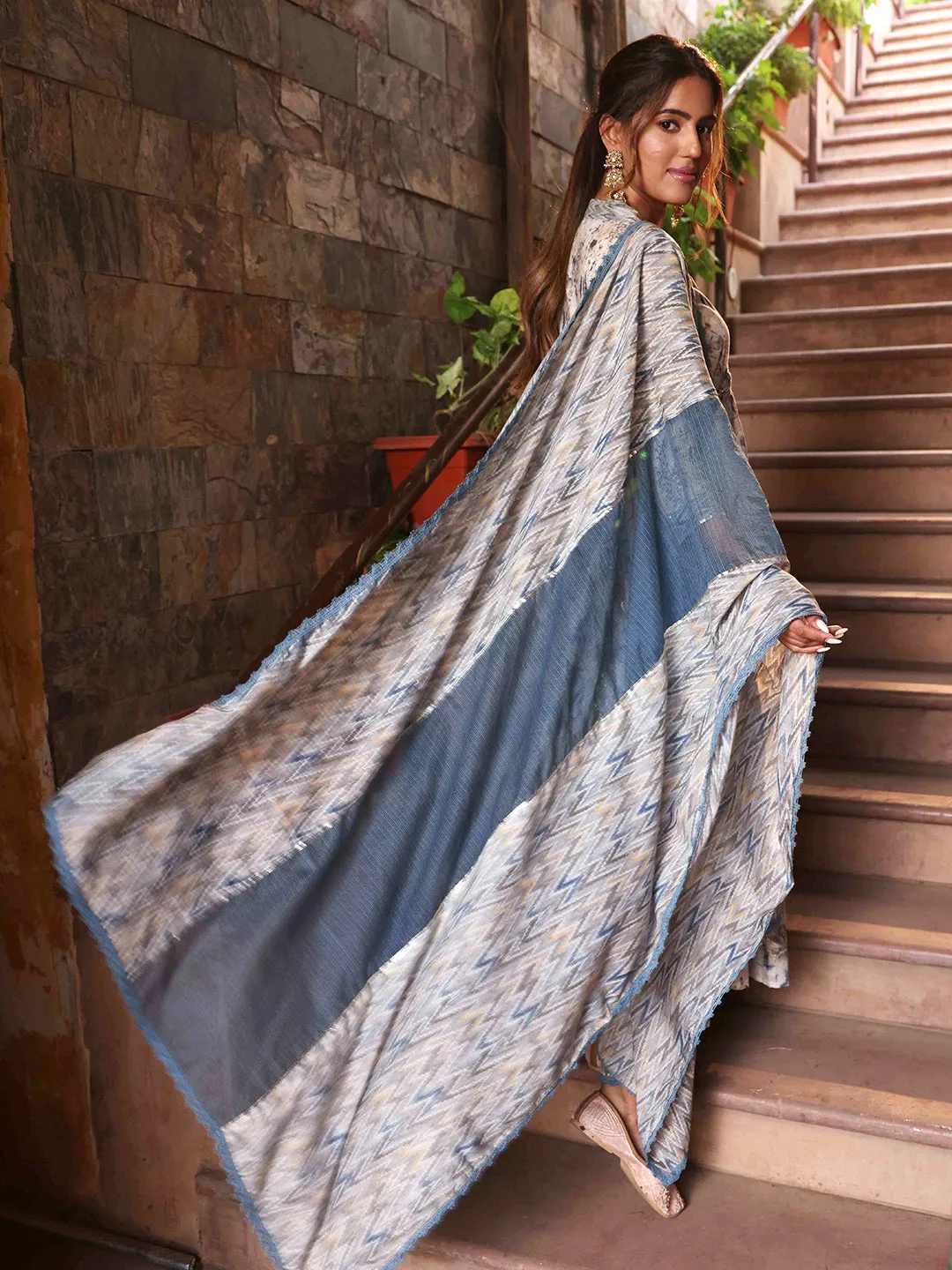 Floral Printed Resham & Cutdana Embroidered Gathered Mul-Cotton Kurta with Pants & Dupatta - Light Grey