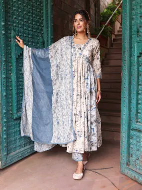 Floral Printed Resham & Cutdana Embroidered Gathered Mul-Cotton Kurta with Pants & Dupatta - Light Grey