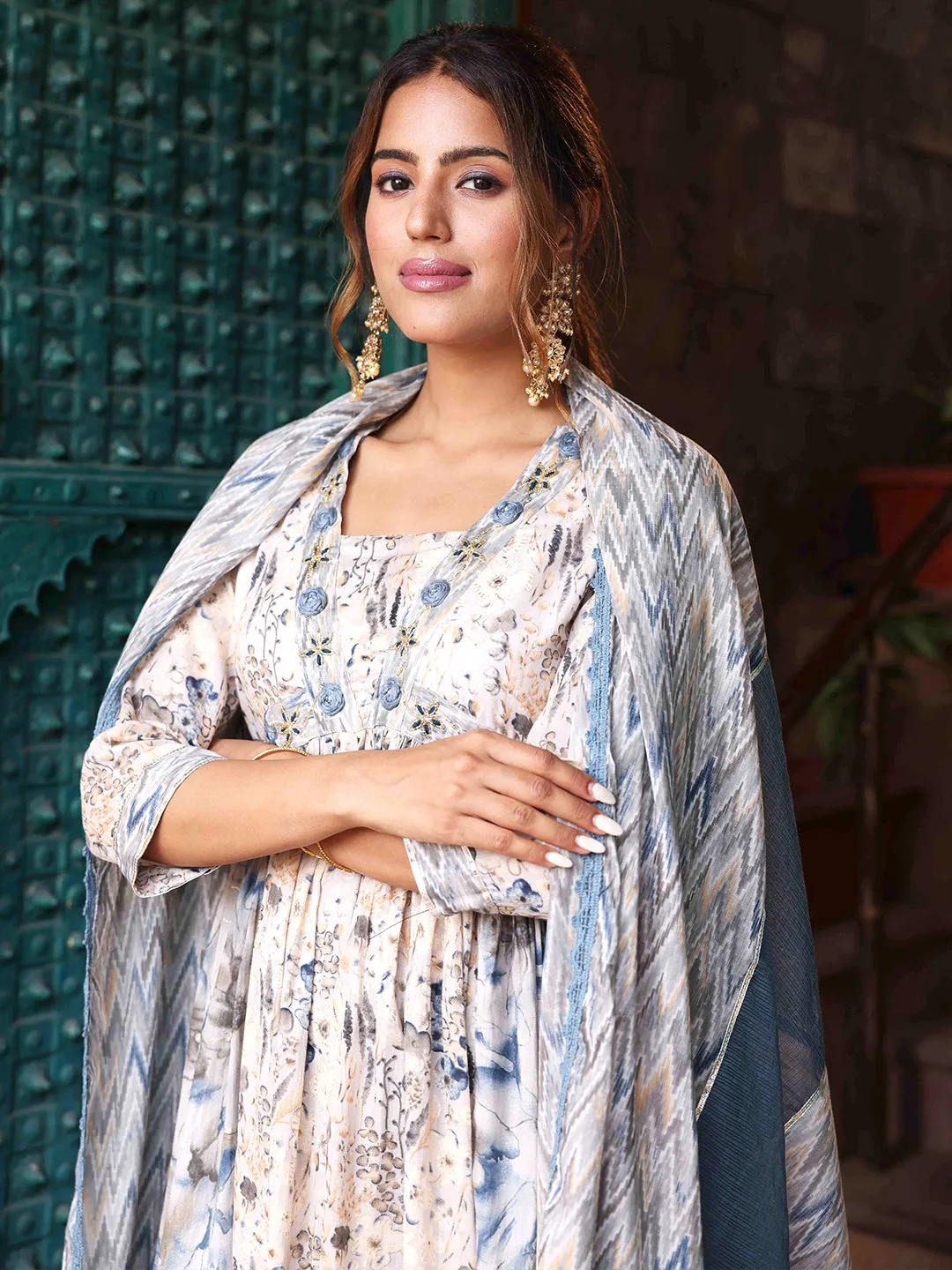 Floral Printed Resham & Cutdana Embroidered Gathered Mul-Cotton Kurta with Pants & Dupatta - Light Grey