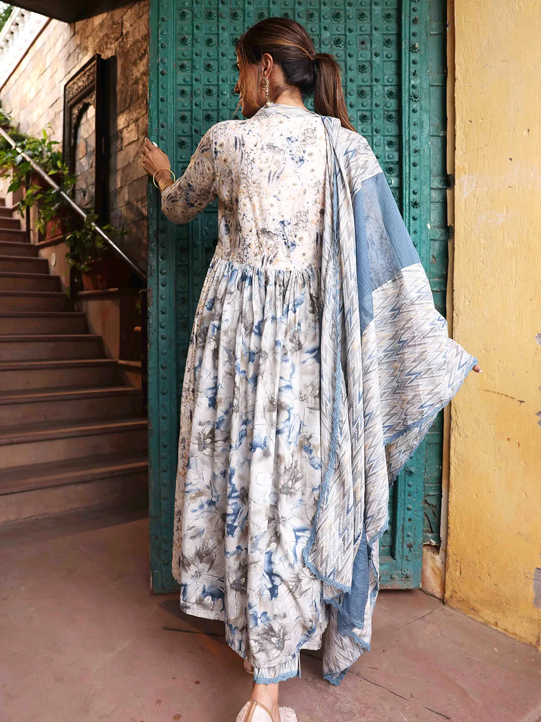 Floral Printed Resham & Cutdana Embroidered Gathered Mul-Cotton Kurta with Pants & Dupatta - Light Grey