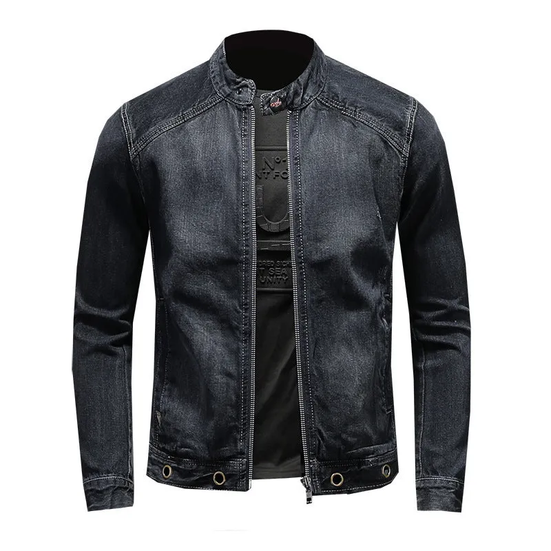 Men's Band Collar Dark Blue Denim Shacket