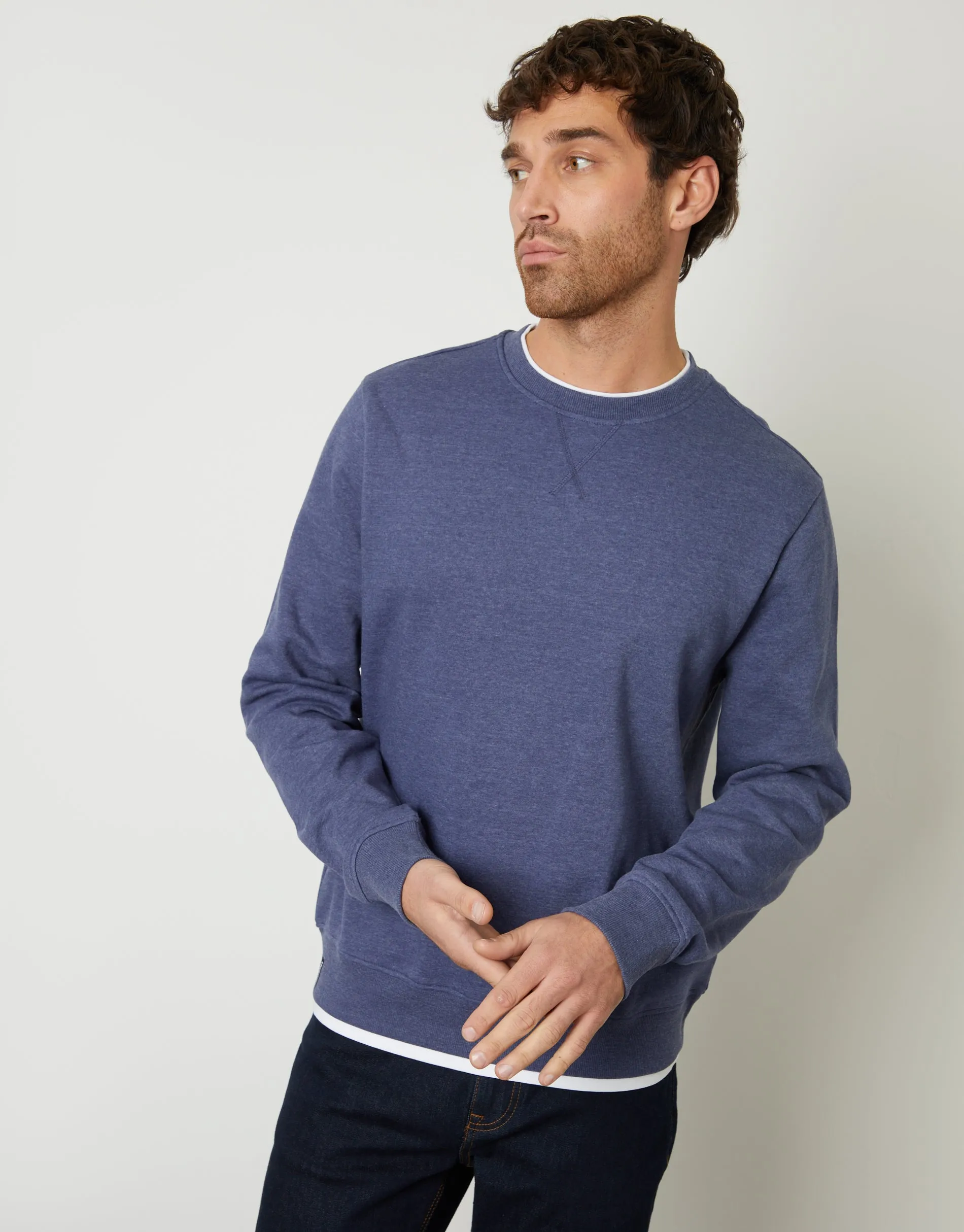 Men's Denim Marl Mock T-Shirt Crew Neck Sweatshirt