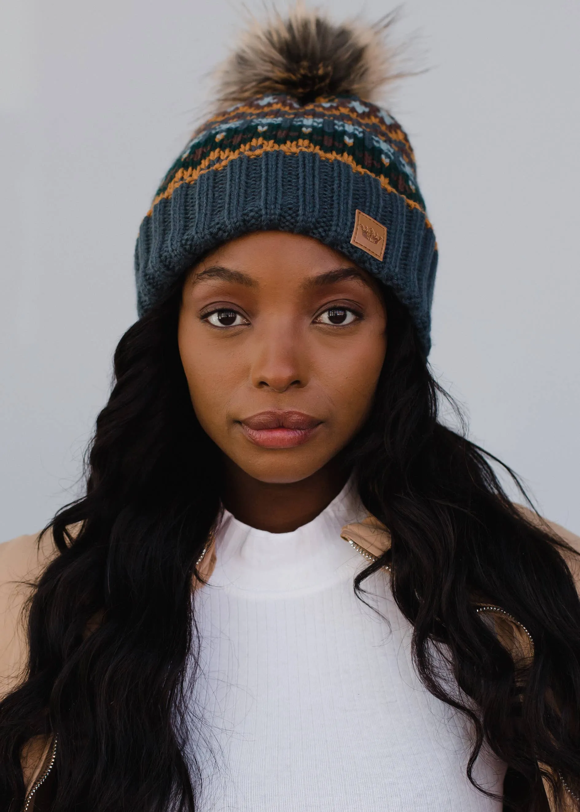 Panache Dusty Blue & Patterned Pom Hat