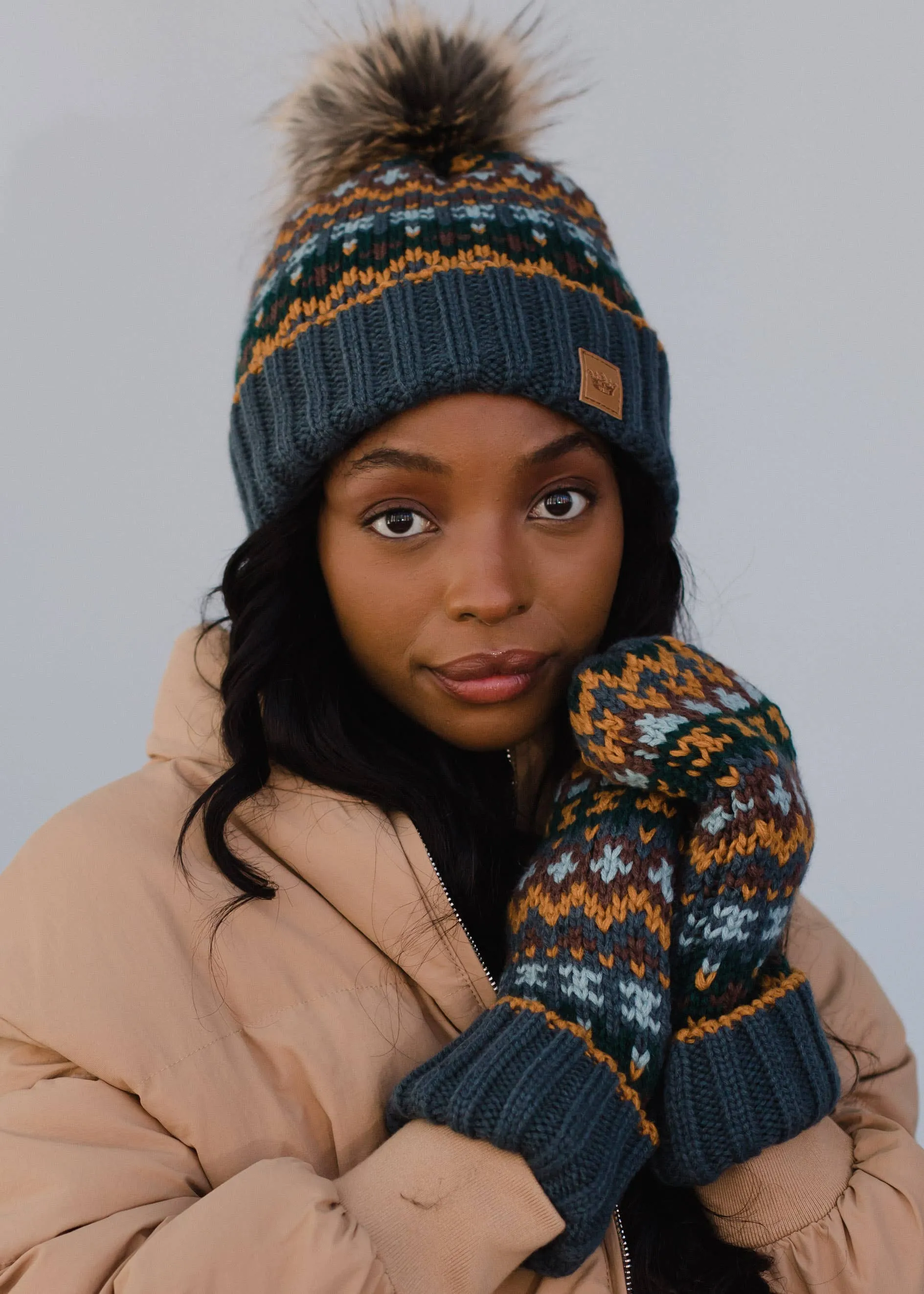 Panache Dusty Blue & Patterned Pom Hat