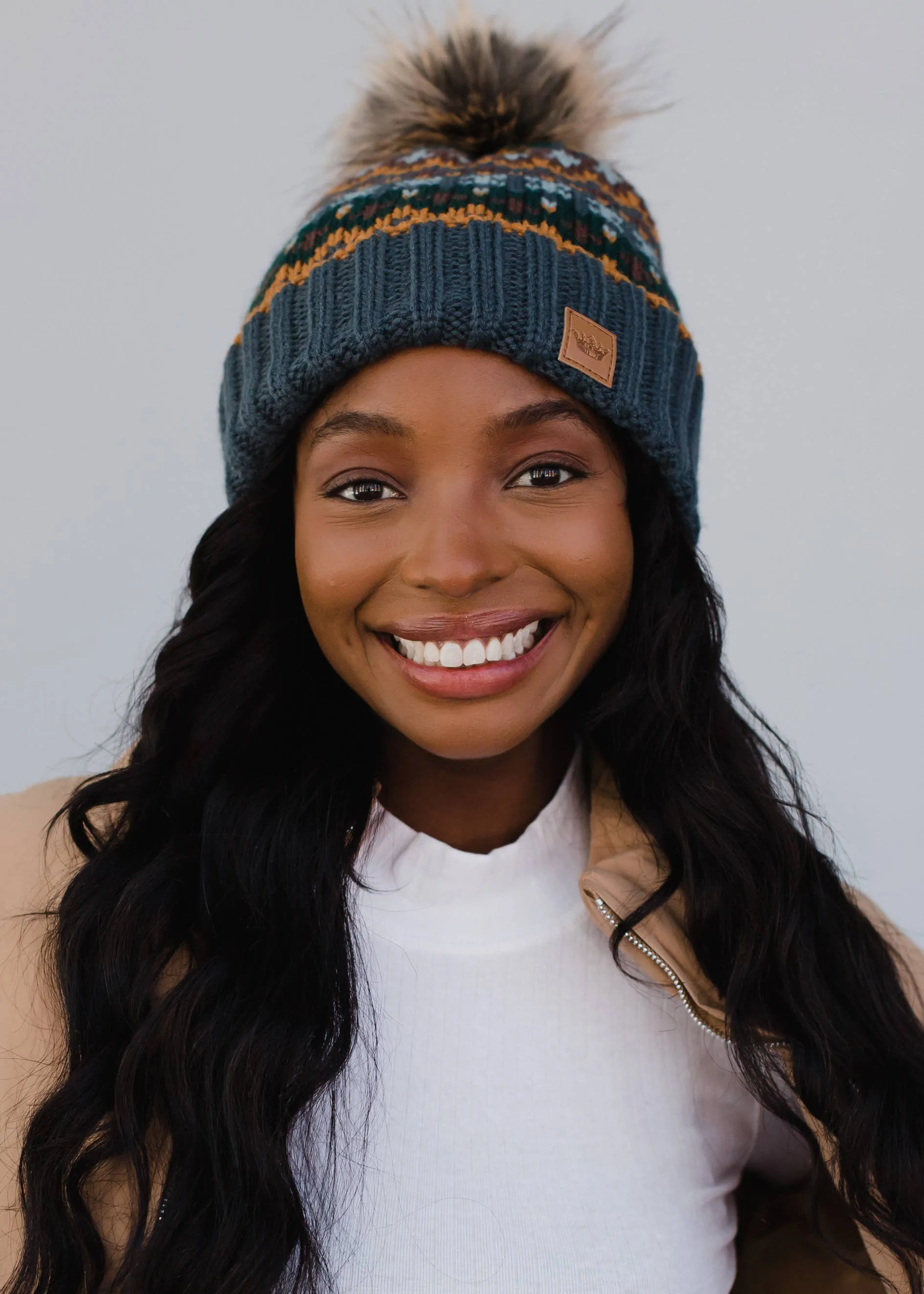 Panache Dusty Blue & Patterned Pom Hat