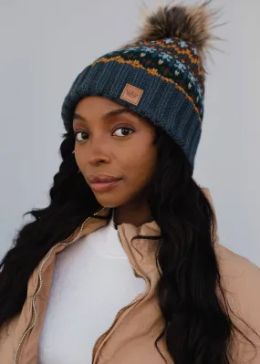Panache Dusty Blue & Patterned Pom Hat
