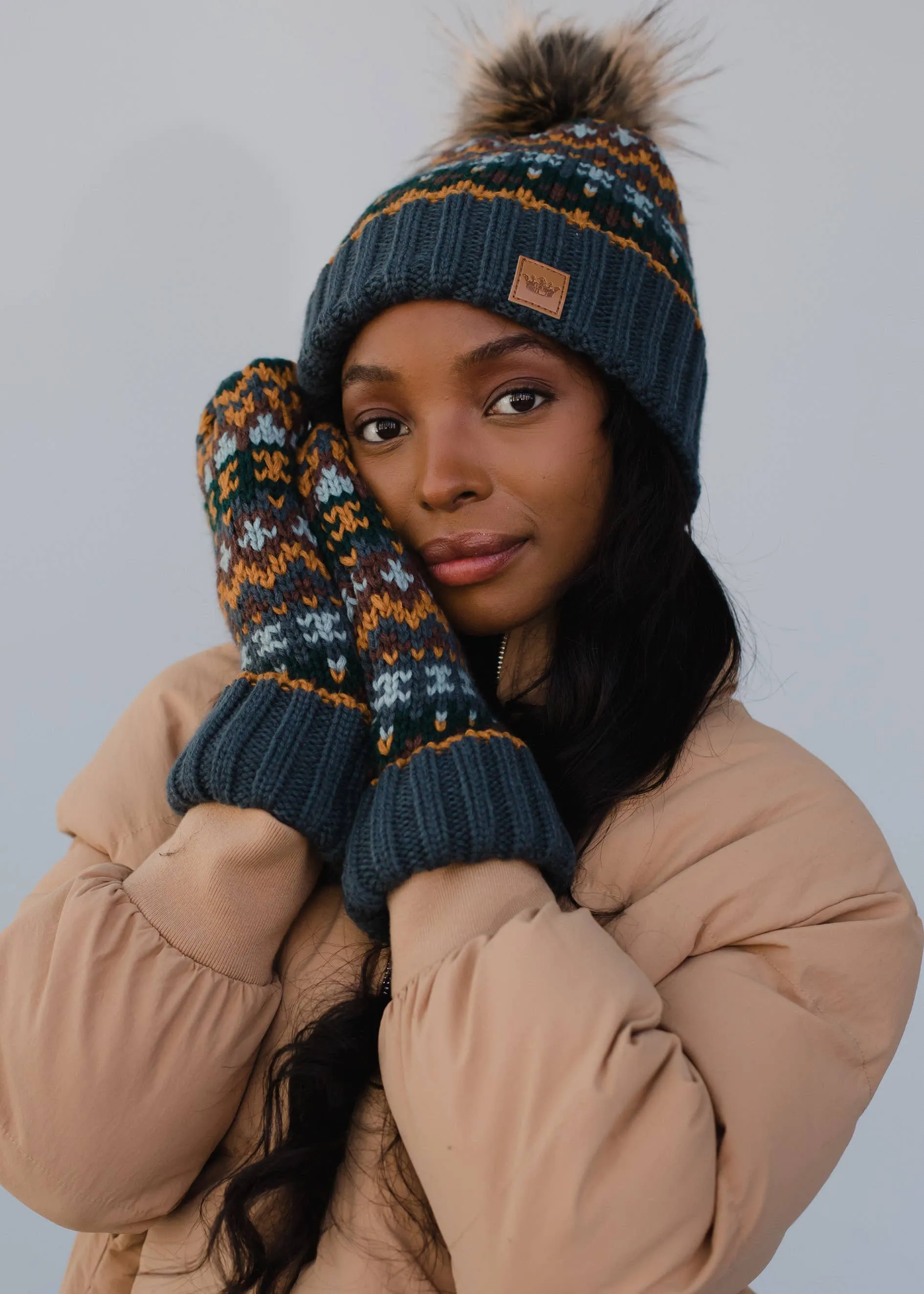 Panache Dusty Blue & Patterned Pom Hat