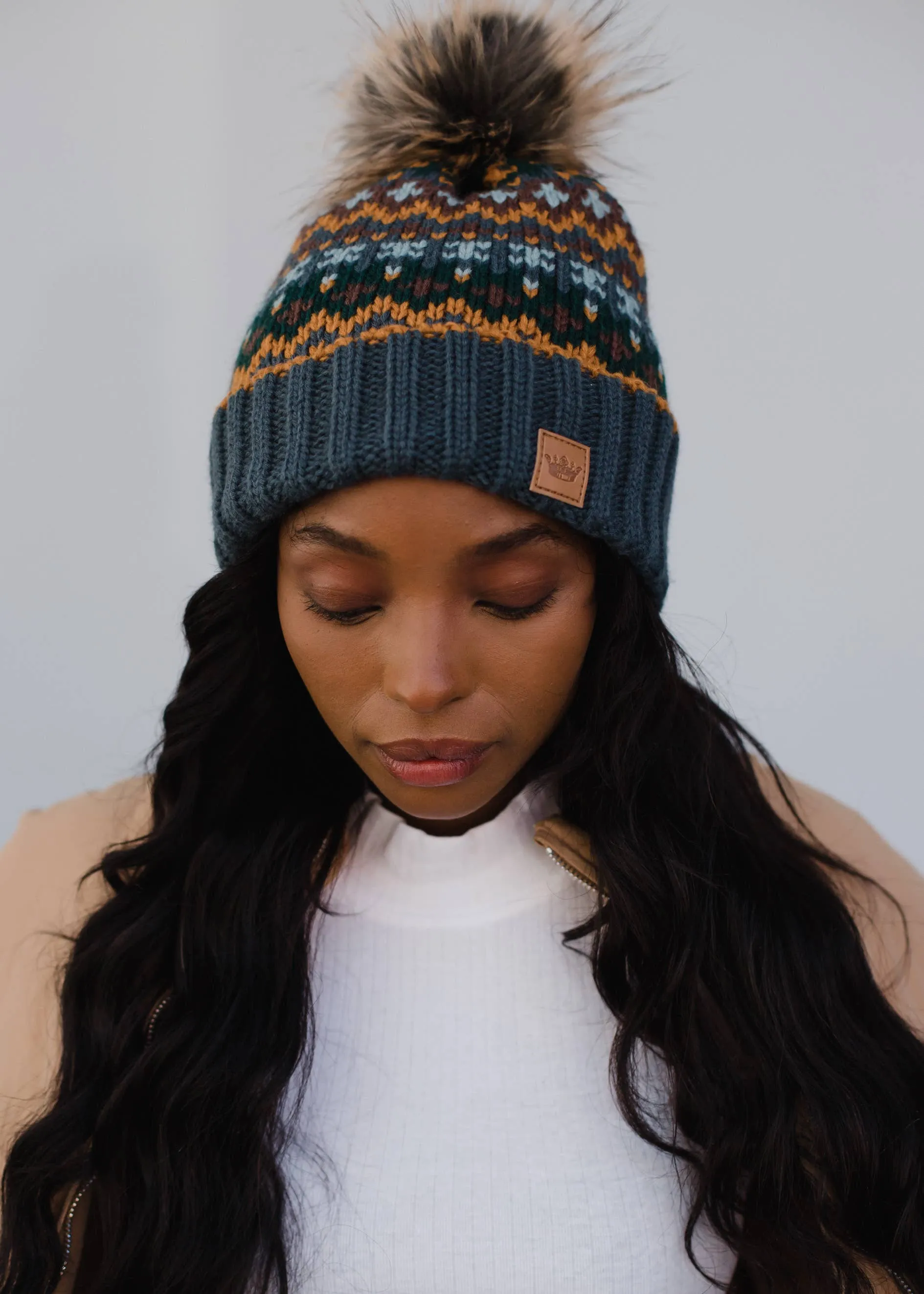 Panache Dusty Blue & Patterned Pom Hat
